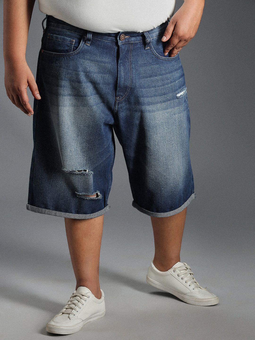 Plus Size Men Washed Pure Cotton Denim Shorts