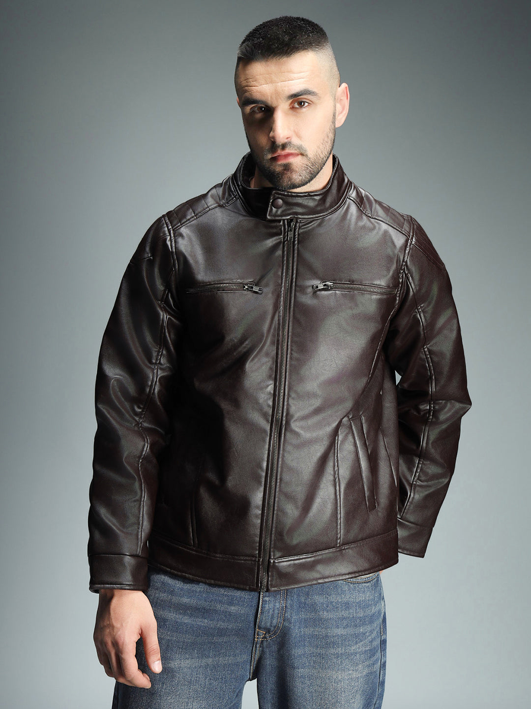 Men Brown Band Collar PU Leather Biker Jacket