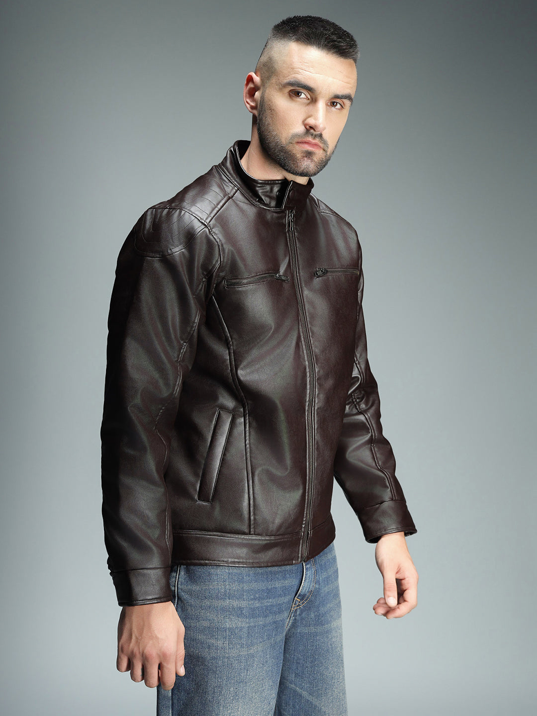 Men Brown Band Collar PU Leather Biker Jacket