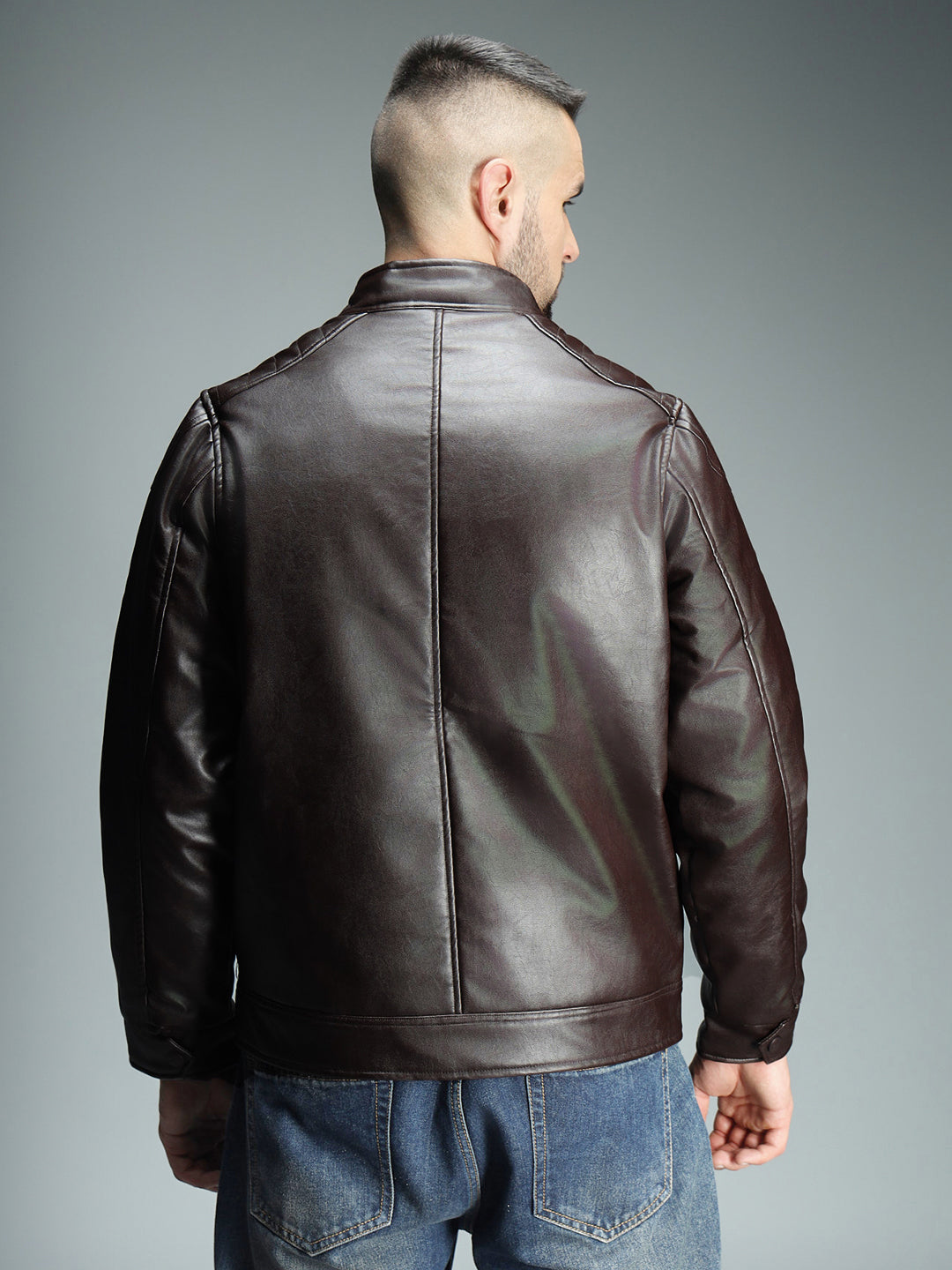 Men Brown Band Collar PU Leather Biker Jacket