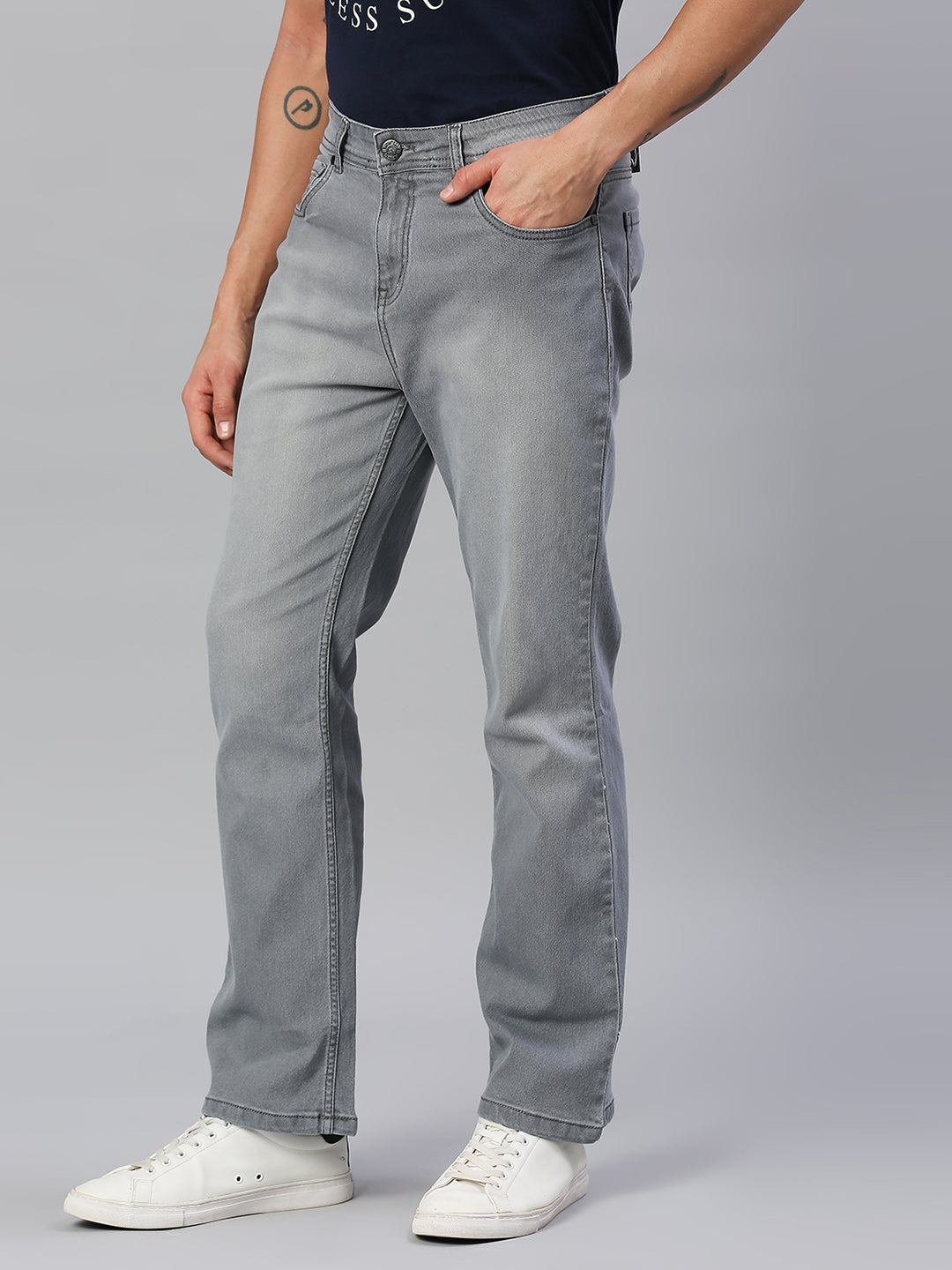 Men Grey Bootcut Light Fade Stretchable Cotton Jeans