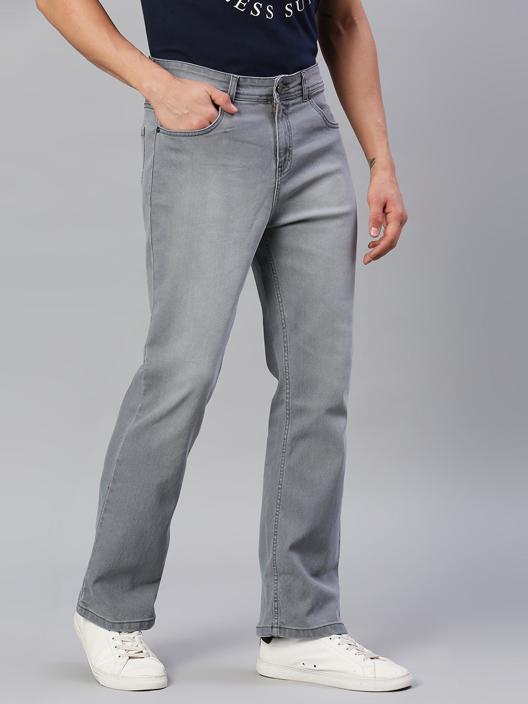 Men Grey Bootcut Light Fade Stretchable Cotton Jeans