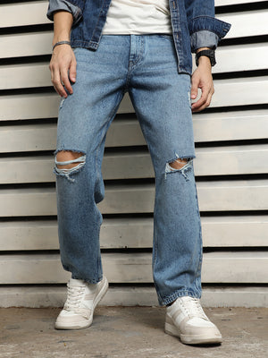 Men Relaxed Fit Slash Knee Light Fade Cotton Jeans