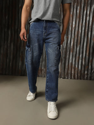 Men Washed Cotton Loose Fit Mid- Rise   Jeans