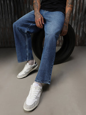 Men Washed Cotton Loose Fit Mid- Rise   Jeans