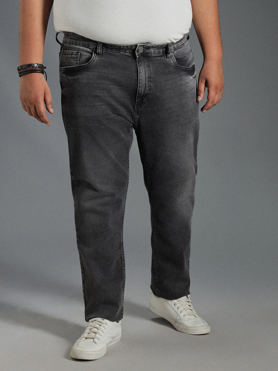 Plus Size Men Mid-Rise Tapered Fit Heavy Fade Pure Cotton Jeans