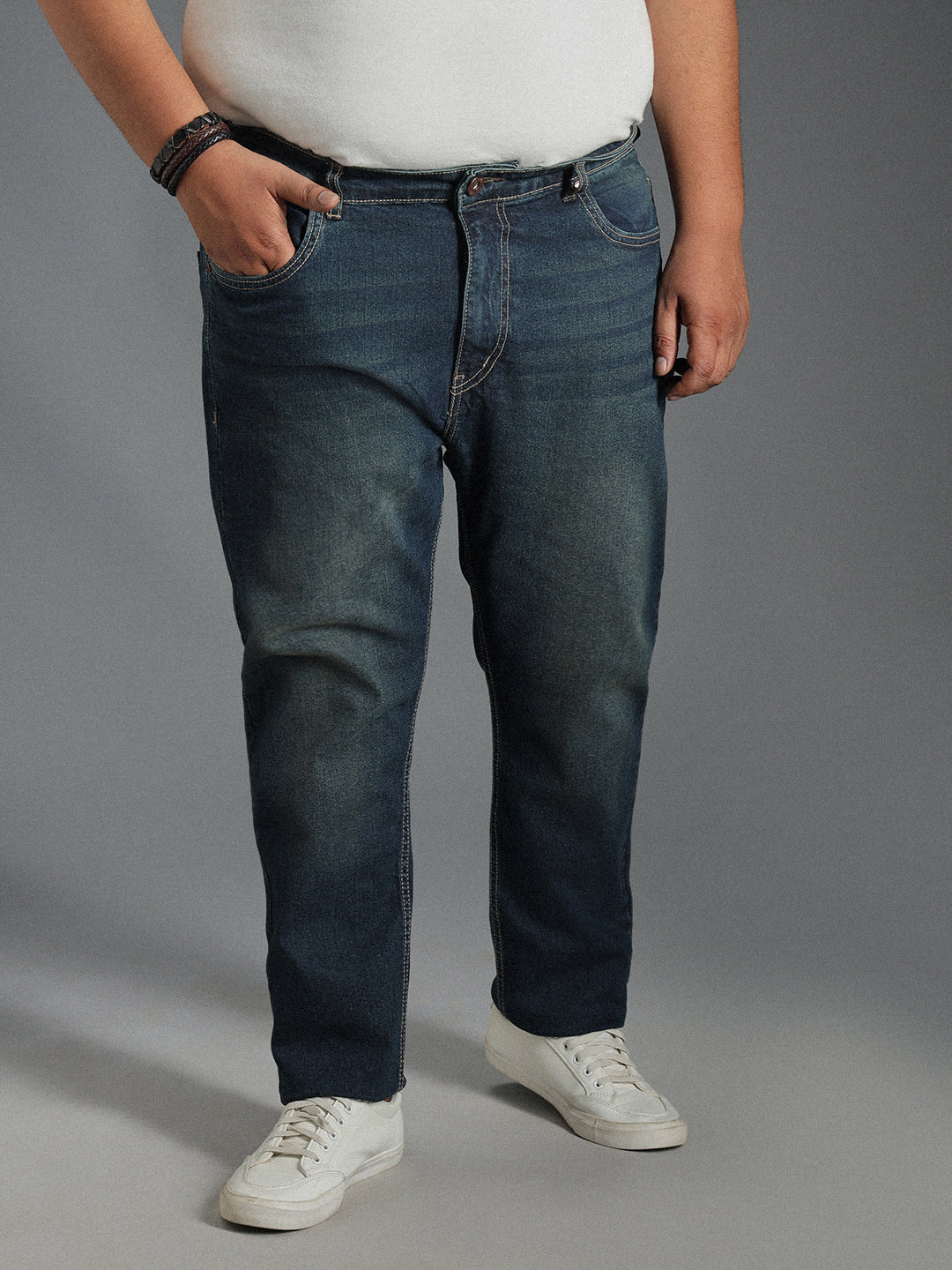 Plus Size Men Mid-Rise Tapered Fit Heavy Fade Pure Cotton Jeans