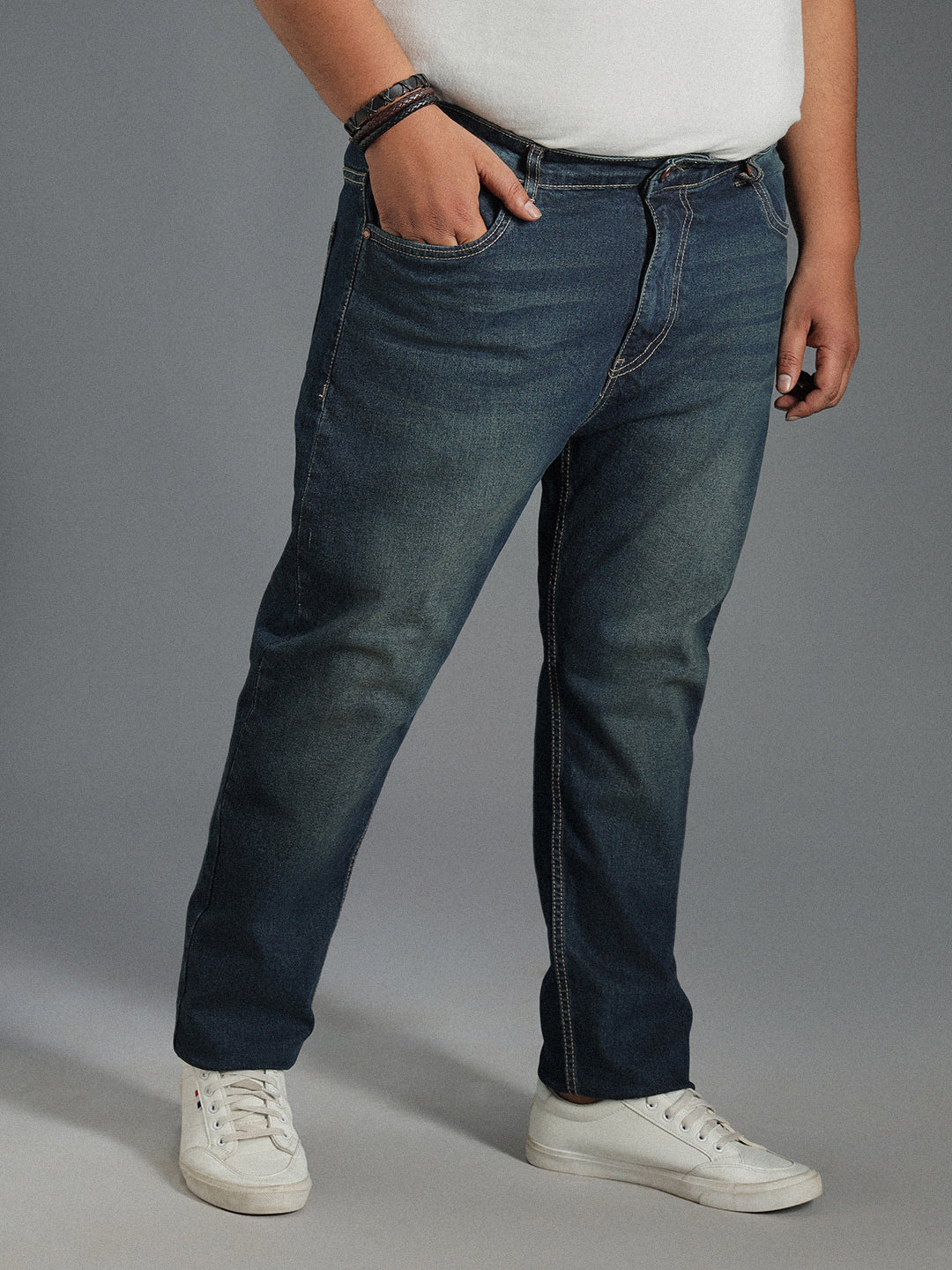 Plus Size Men Mid-Rise Tapered Fit Heavy Fade Pure Cotton Jeans