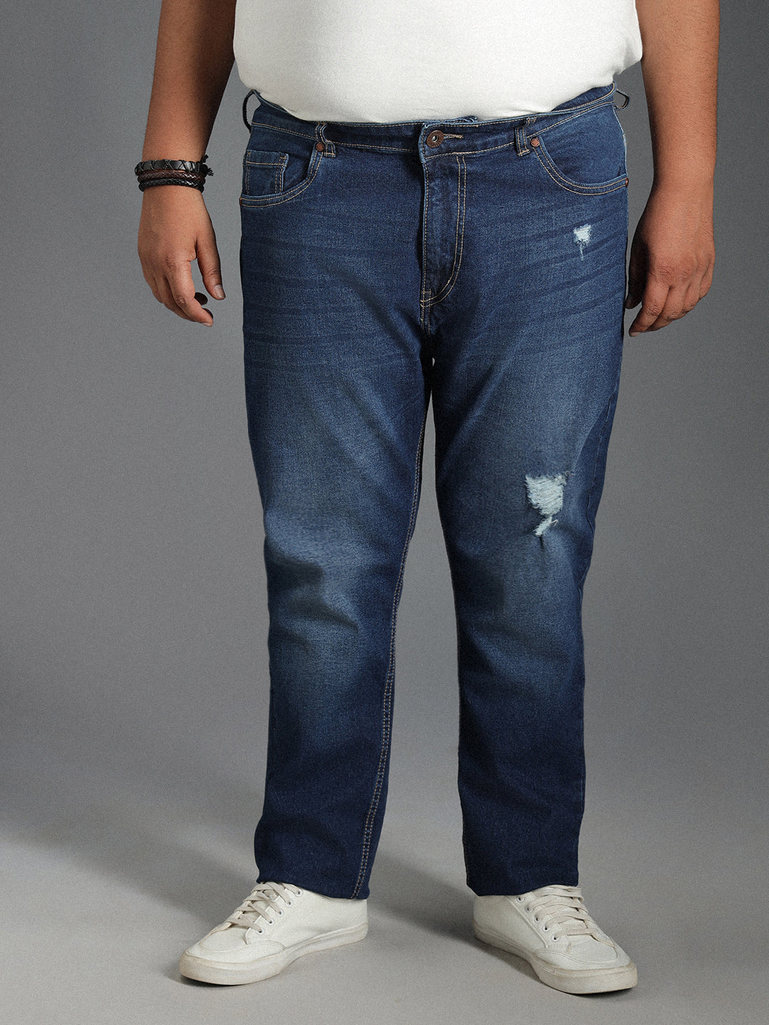 Plus Size Men Tapered Fit Low Distress Light Fade Pure Cotton Jeans