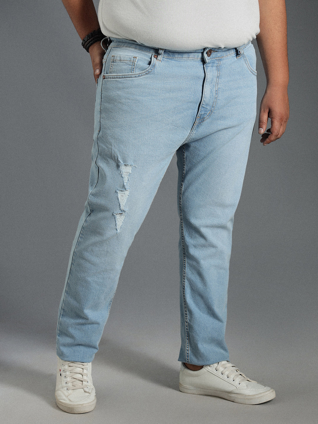 Plus Size Men Tapered Fit Mildly Distressed Pure Cotton Jeans