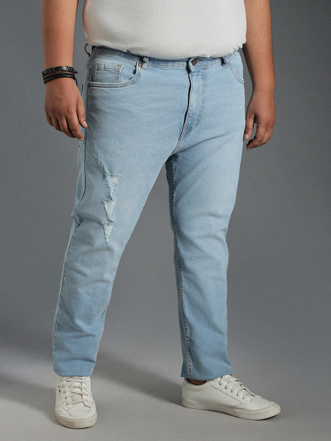 Plus Size Men Tapered Fit Mildly Distressed Pure Cotton Jeans