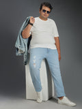 Plus Size Men Tapered Fit Mildly Distressed Pure Cotton Jeans