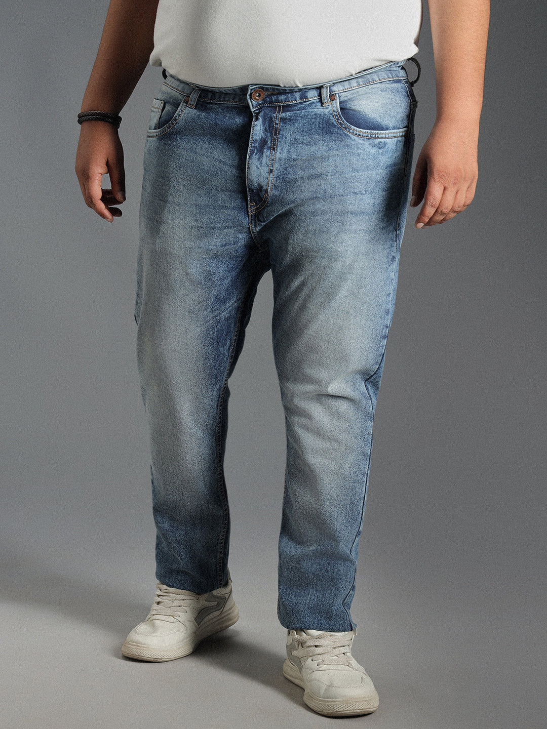 Plus Size Men Mid-Rise Tapered Fit Heavy Fade Pure Cotton Jeans