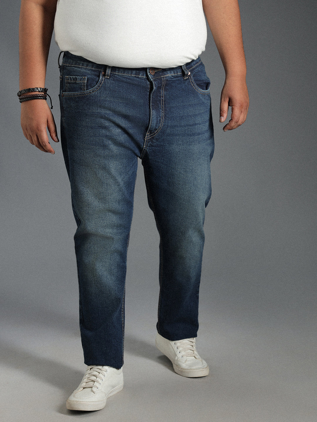 Plus Size Men Mid-Rise Tapered Fit Heavy Fade Pure Cotton Jeans