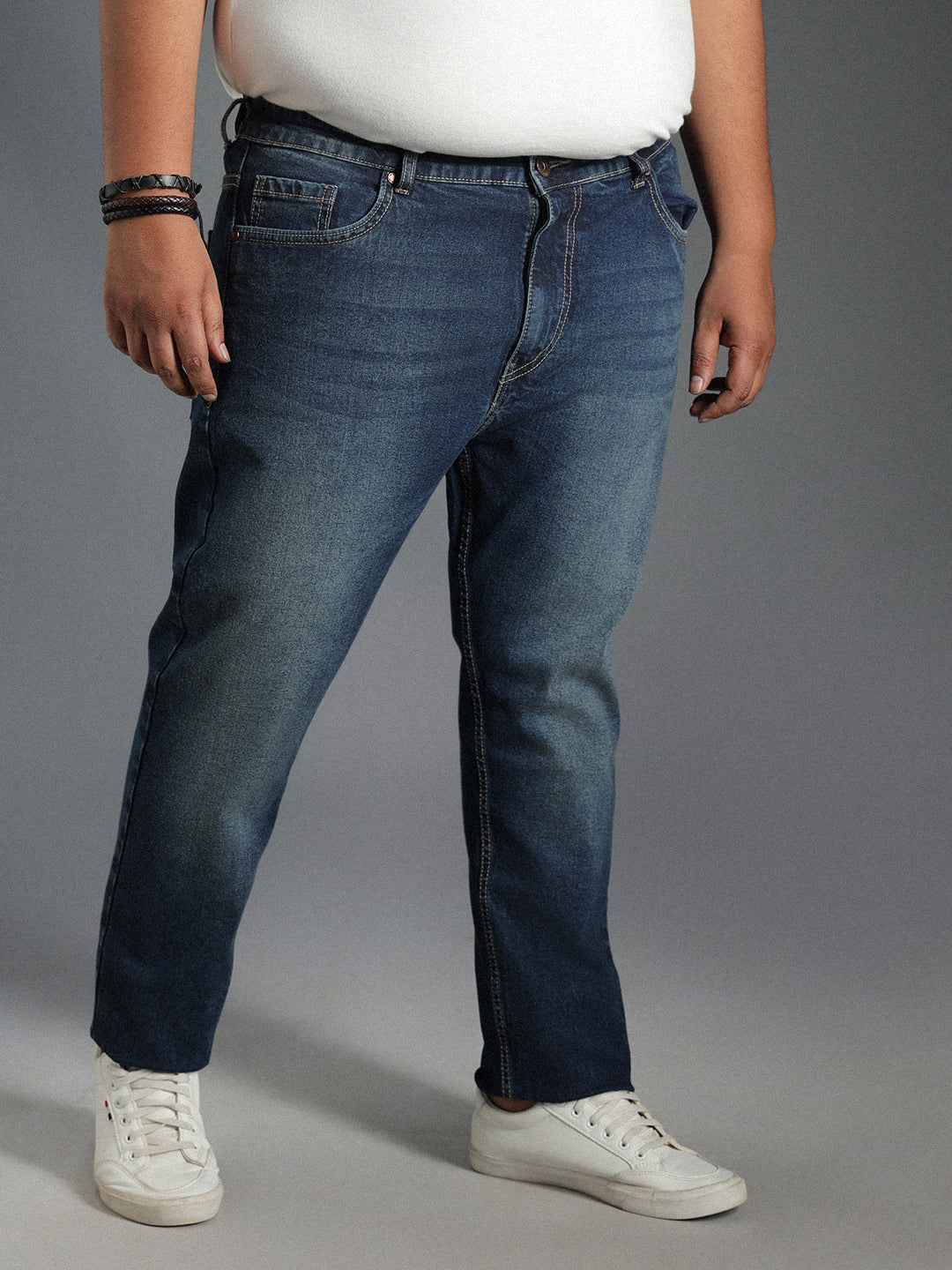 Plus Size Men Mid-Rise Tapered Fit Heavy Fade Pure Cotton Jeans