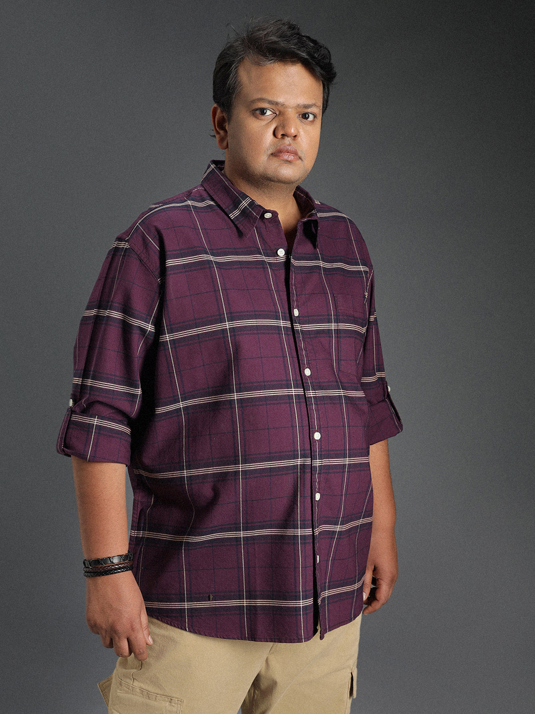 Plus Size Classic Windowpane Checked Cotton Casual Shirt