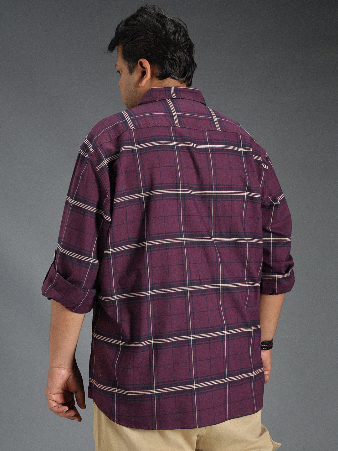 Plus Size Classic Windowpane Checked Cotton Casual Shirt