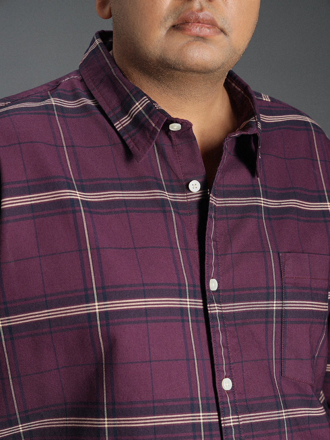 Plus Size Classic Windowpane Checked Cotton Casual Shirt