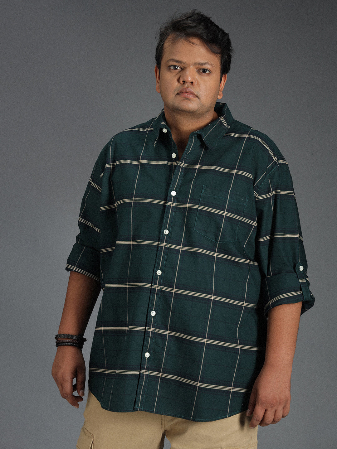 Plus Size Classic Windowpane Checked Cotton Casual Shirt