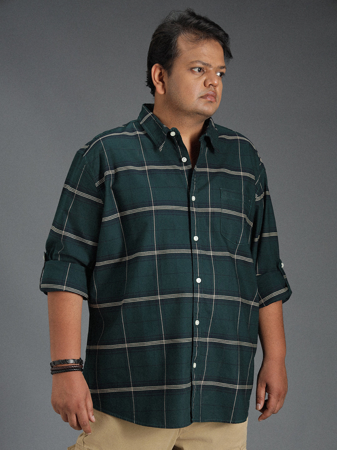 Plus Size Classic Windowpane Checked Cotton Casual Shirt