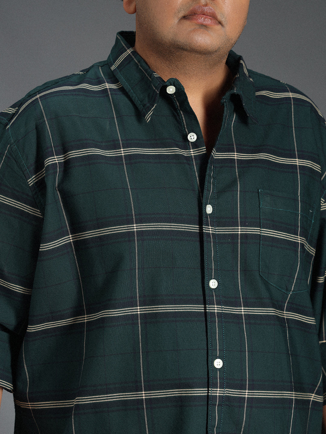 Plus Size Classic Windowpane Checked Cotton Casual Shirt