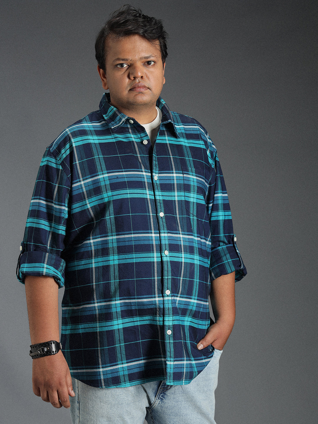 Plus Size Classic Tartan Checked Cotton Casual Shirt