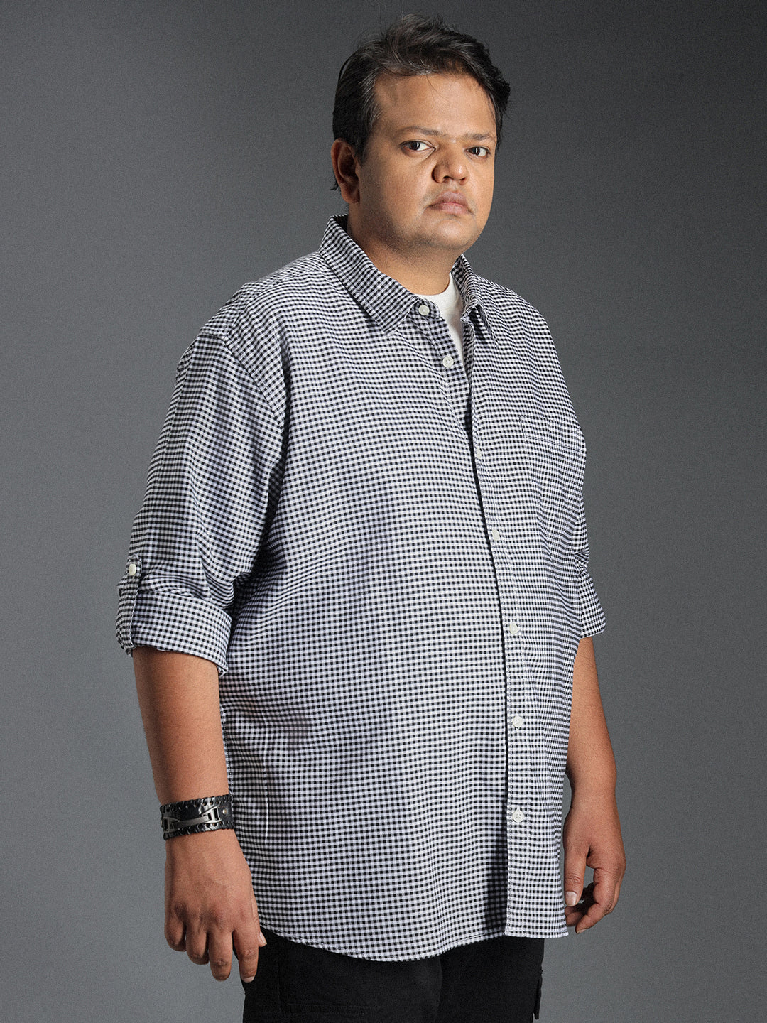 Plus Size Classic Micro Checked Cotton Casual Shirt