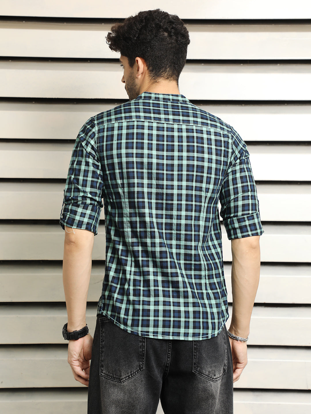 Men Mandarin Collar Checked Casual Shirt