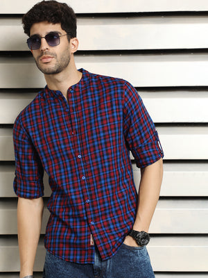 Men Mandarin Collar Checked Pure Cotton Casual Shirt