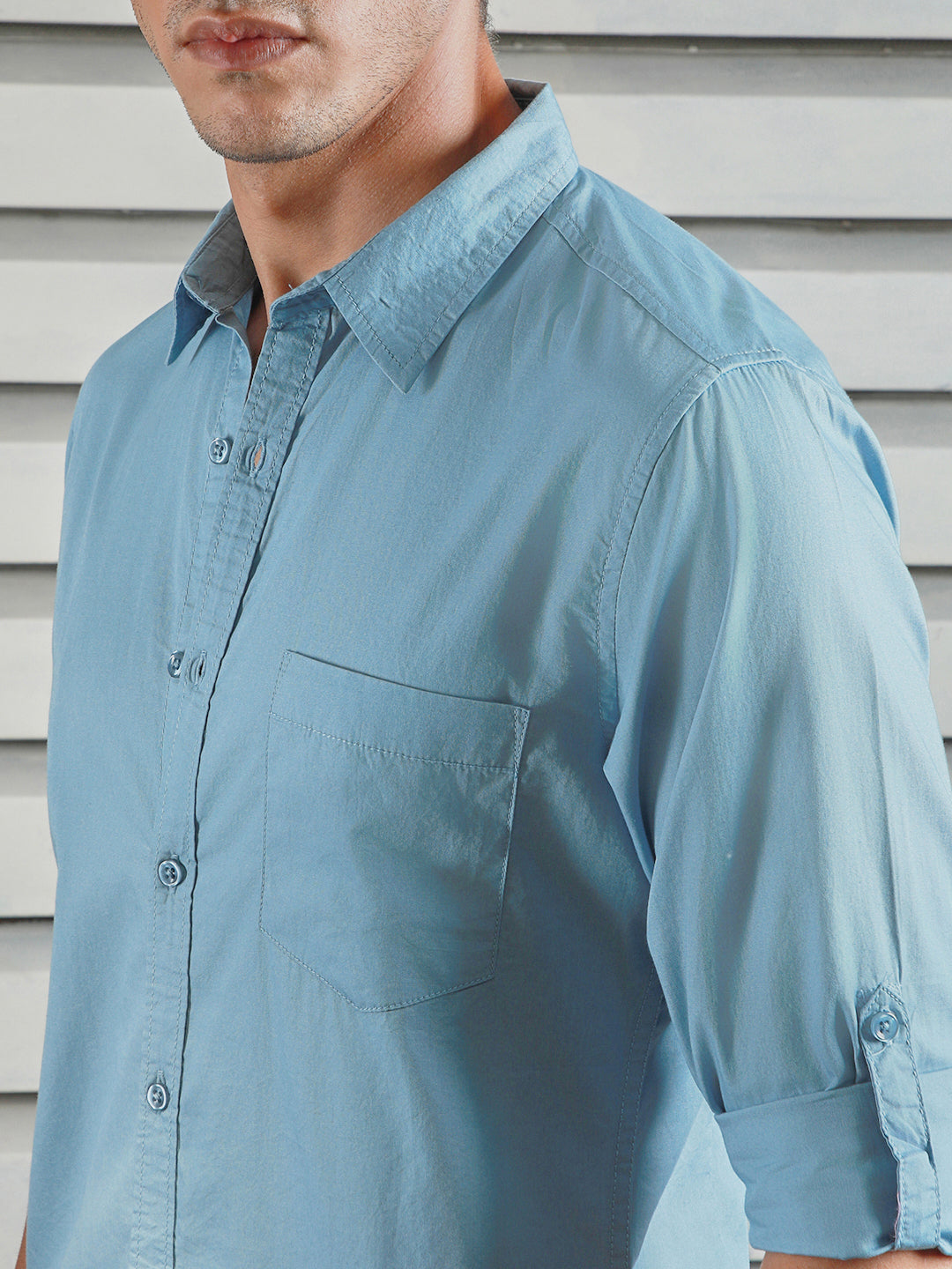 Classic Spread Collar Roll-Up Sleeves Cotton Casual Shirt