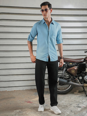 Classic Spread Collar Roll-Up Sleeves Cotton Casual Shirt