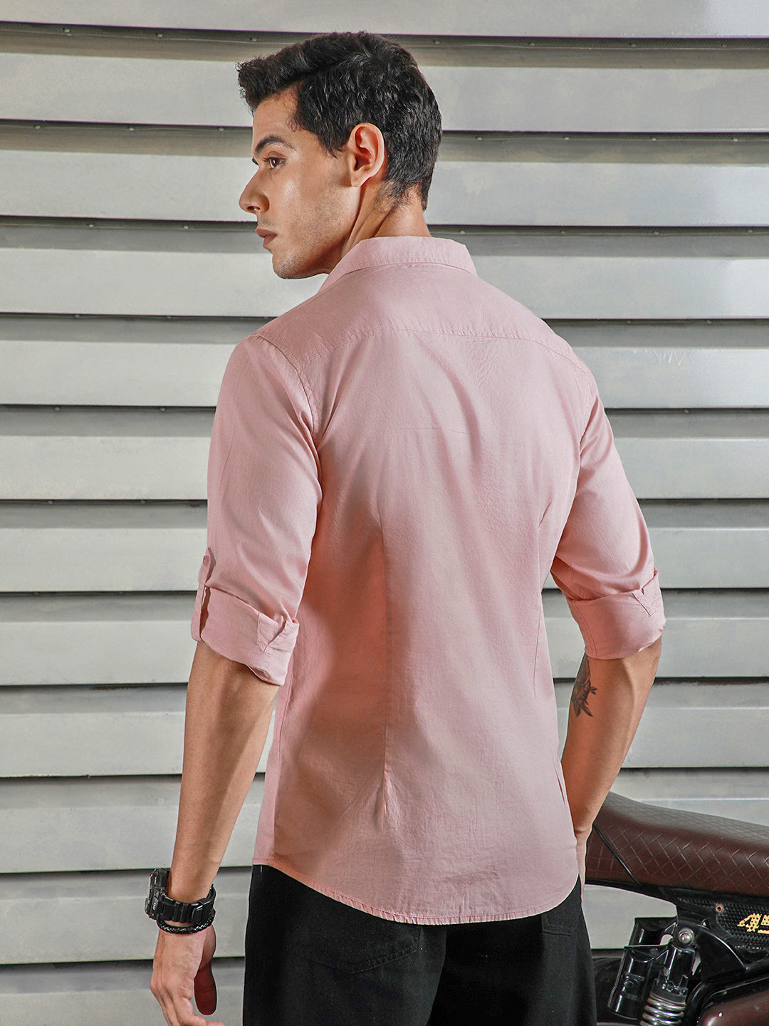 Classic Spread Collar Roll-Up Sleeves Cotton Casual Shirt