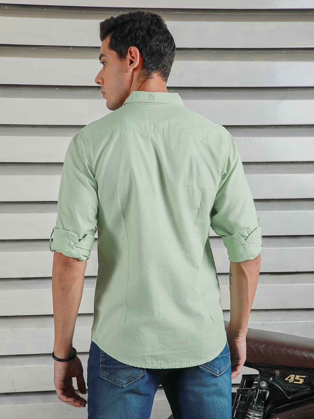 Classic Spread Collar Roll-Up Sleeves Cotton Casual Shirt