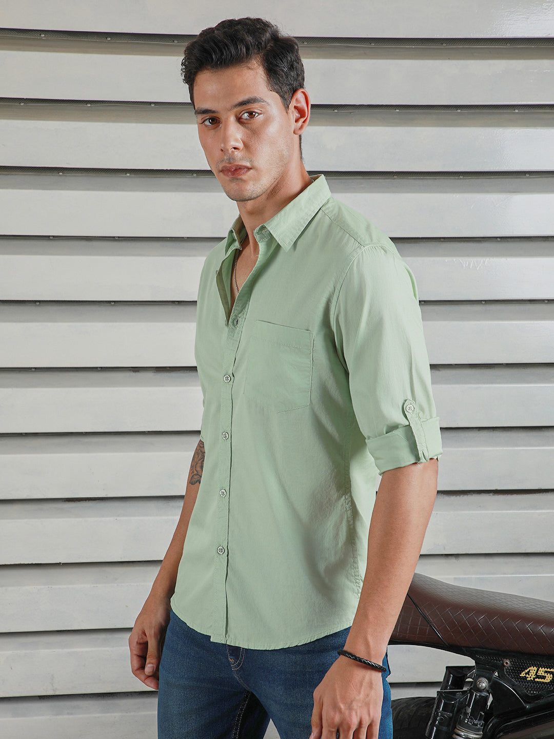 Classic Spread Collar Roll-Up Sleeves Cotton Casual Shirt