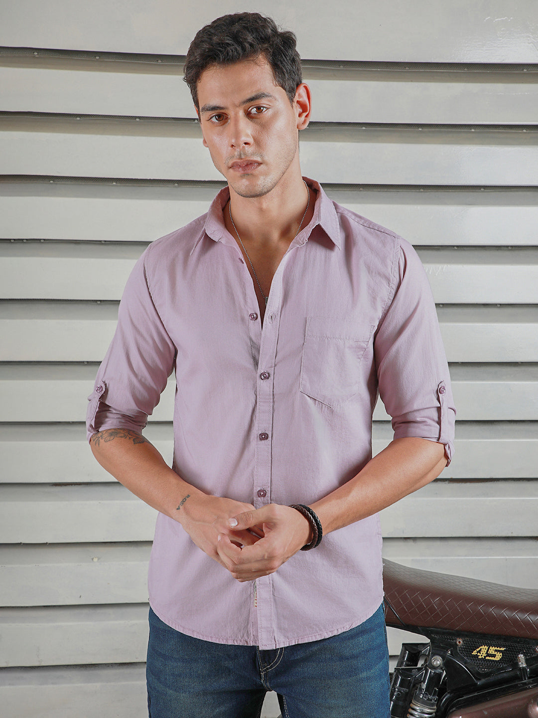 Classic Spread Collar Roll Up Sleeves Cotton Casual Shirt