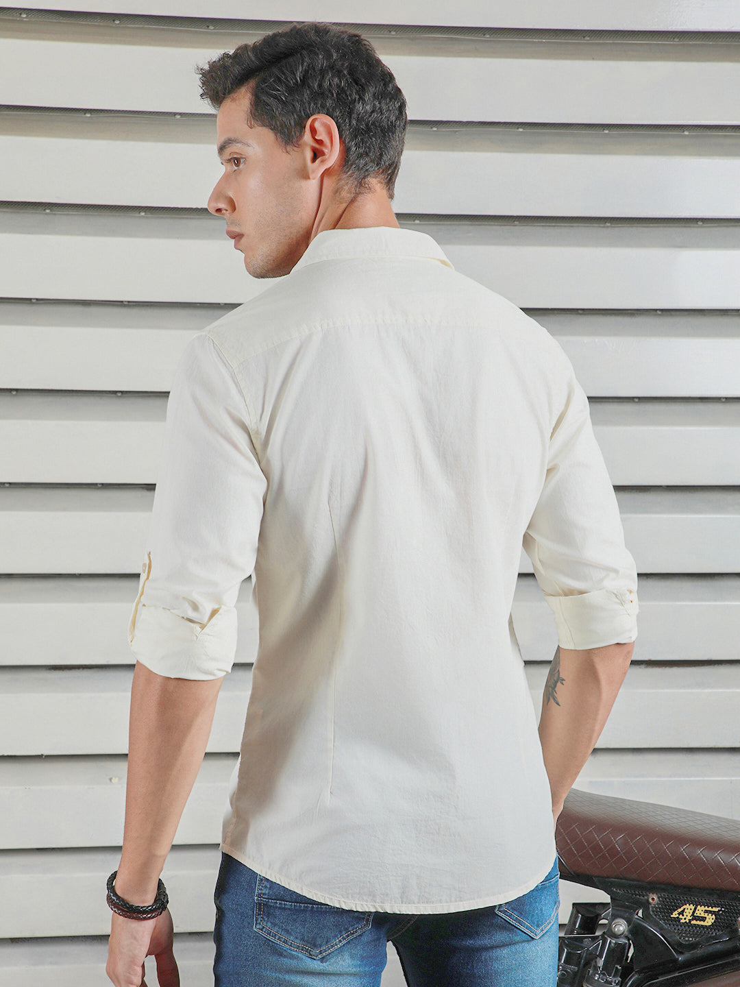 Classic Spread Collar Roll-Up Sleeves Cotton Casual Shirt