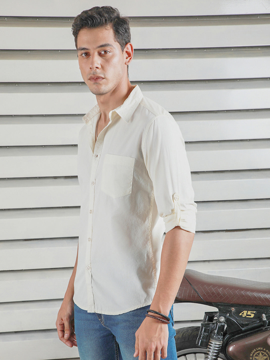 Classic Spread Collar Roll-Up Sleeves Cotton Casual Shirt