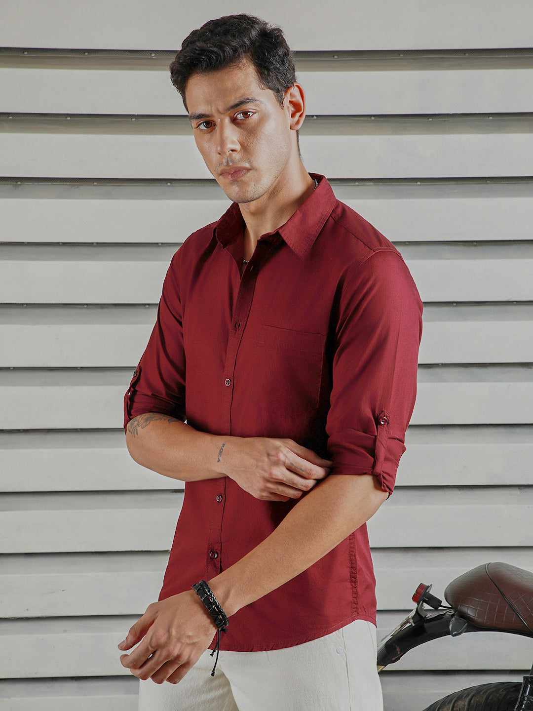 Classic Spread Collar Roll Up Sleeves Cotton Casual Shirt