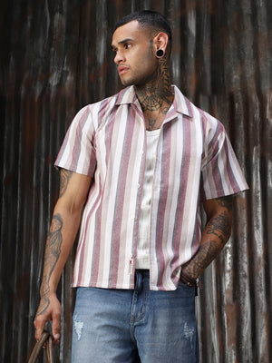 Men Strip Cotton Relaxed Fit  Collar Short Sleeve Shirts