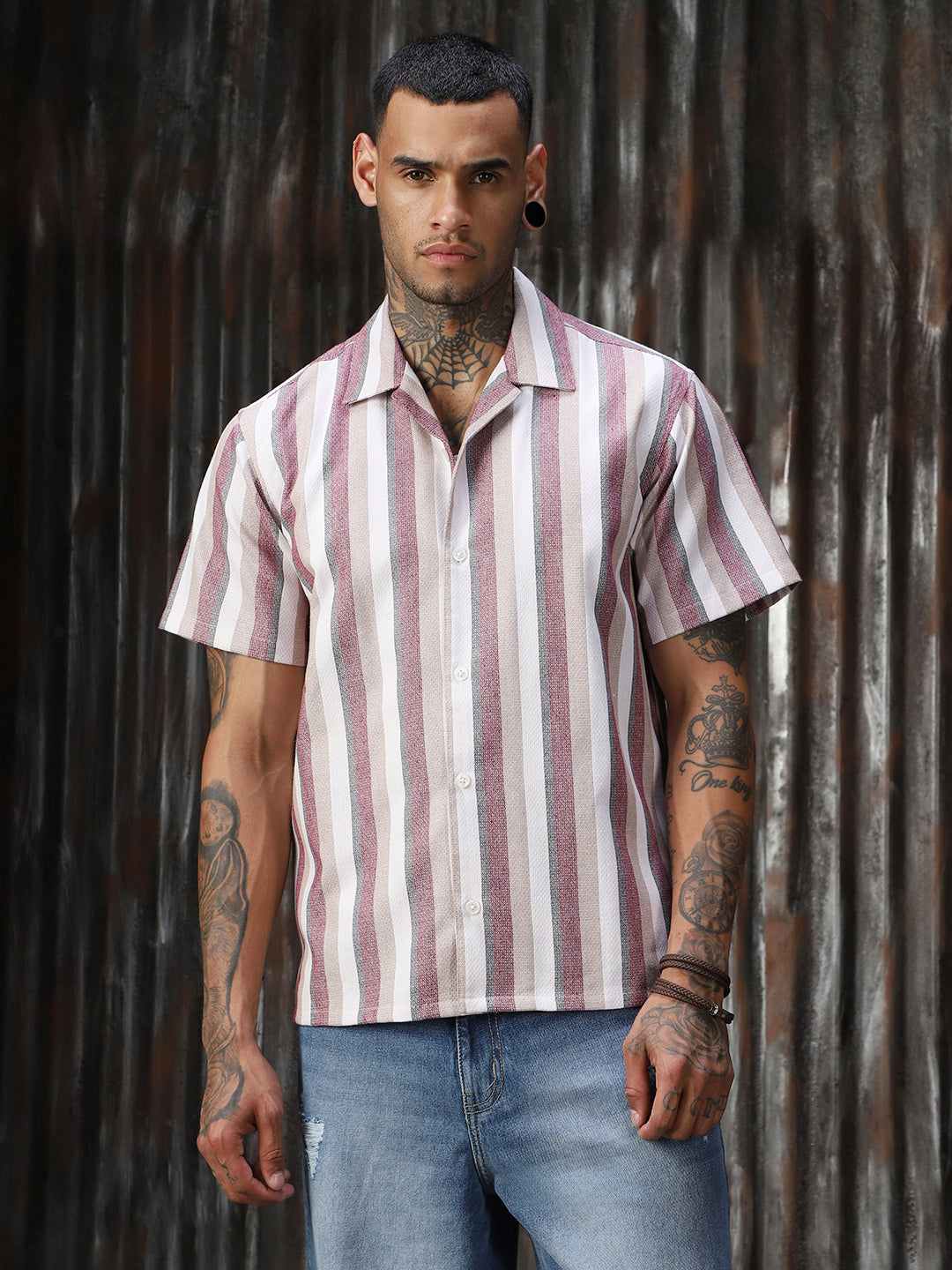 Men Strip Cotton Relaxed Fit  Collar Short Sleeve Shirts