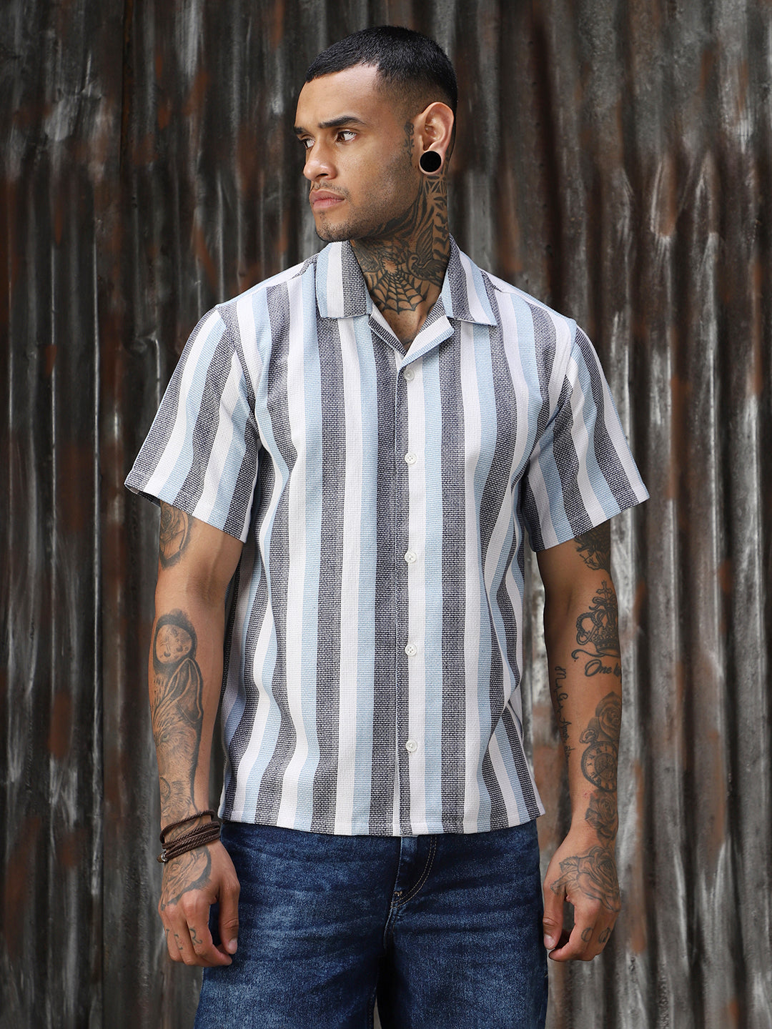 Men Strip Cotton Relaxed Fit  Collar Short Sleeve Shirts