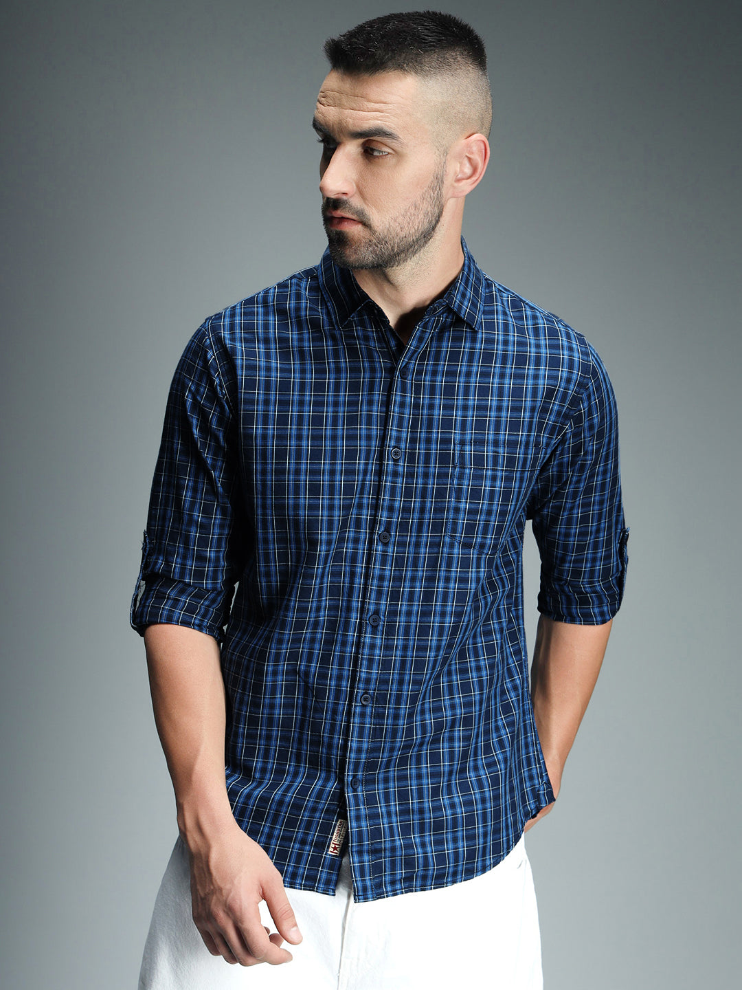 Classic Tartan Checks Spread Collar Long Sleeves Cotton Casual Shirt