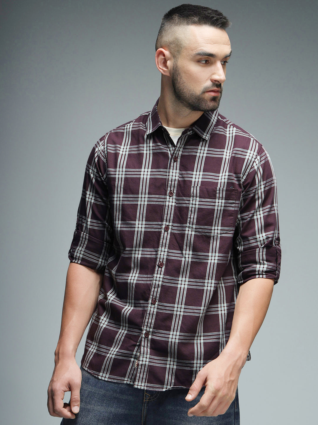 Classic Tartan Checks Spread Collar Long Sleeves Cotton Casual Shirt