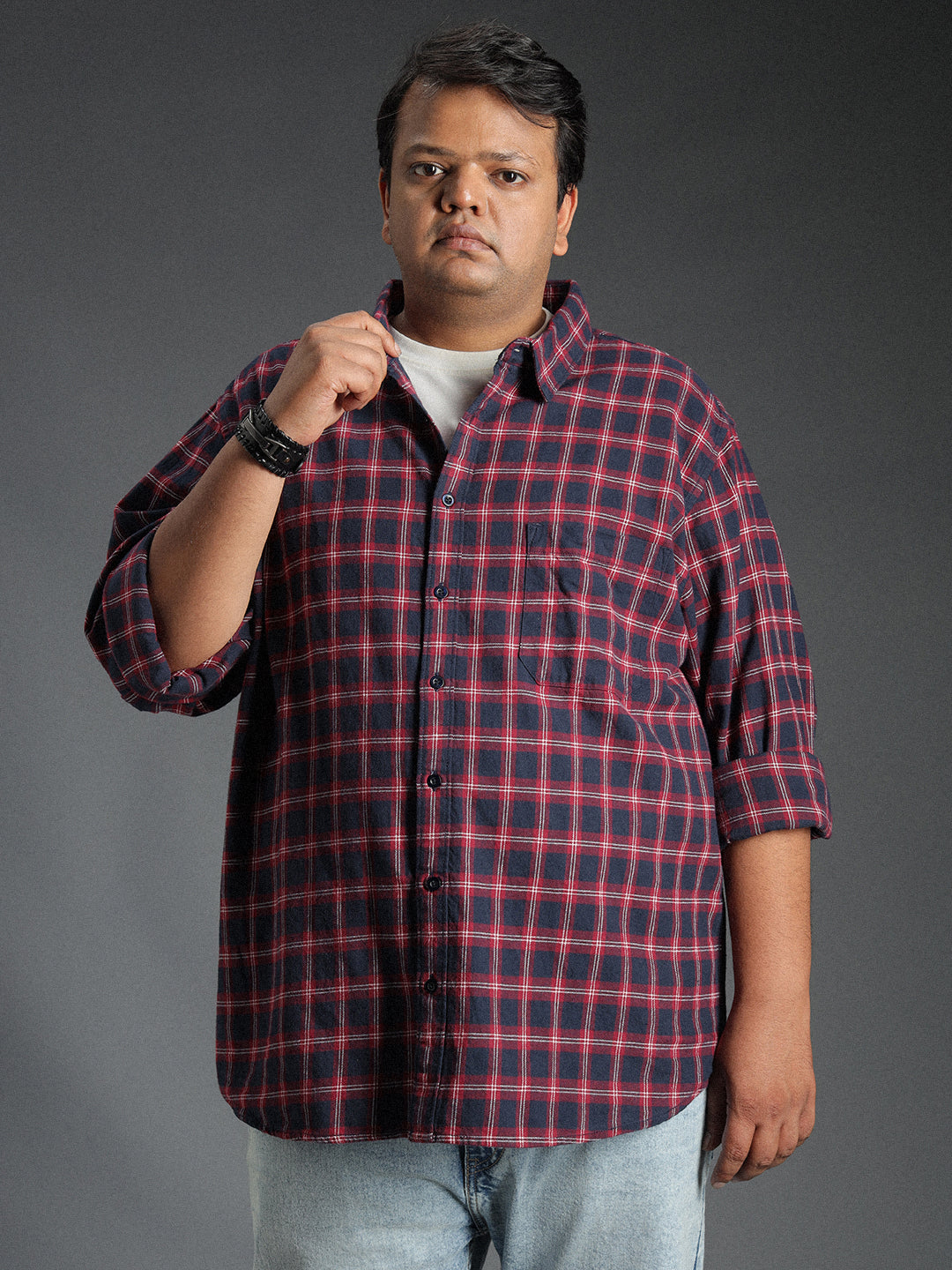 Plus Size Classic Spread Collar Checked Casual Shirt