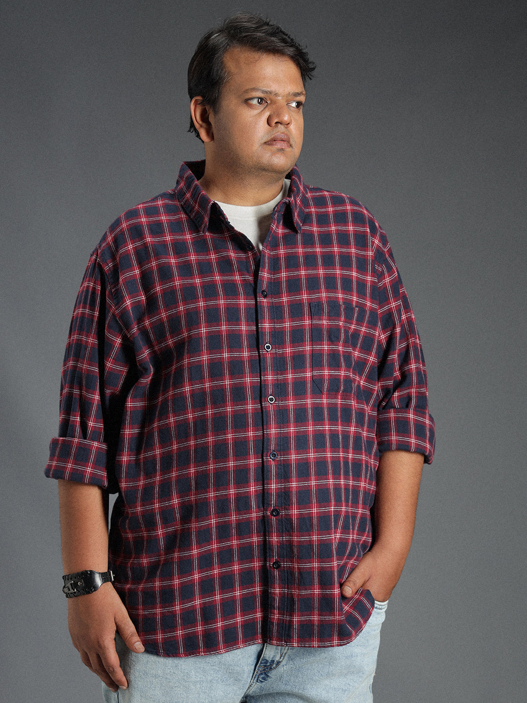 Plus Size Classic Spread Collar Checked Casual Shirt