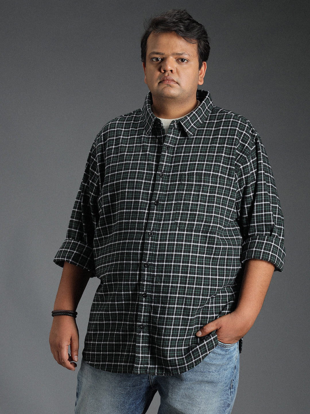 Plus Size Classic Grid Tattersall Checked Cotton Casual Shirt