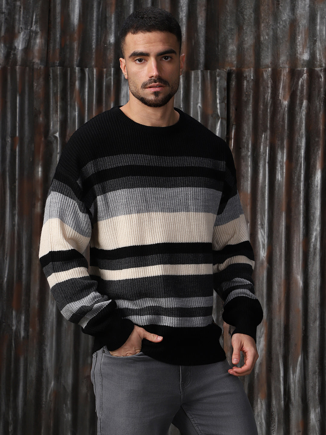 High Star Men Striped High neck stractured Relaxed fit Pullover