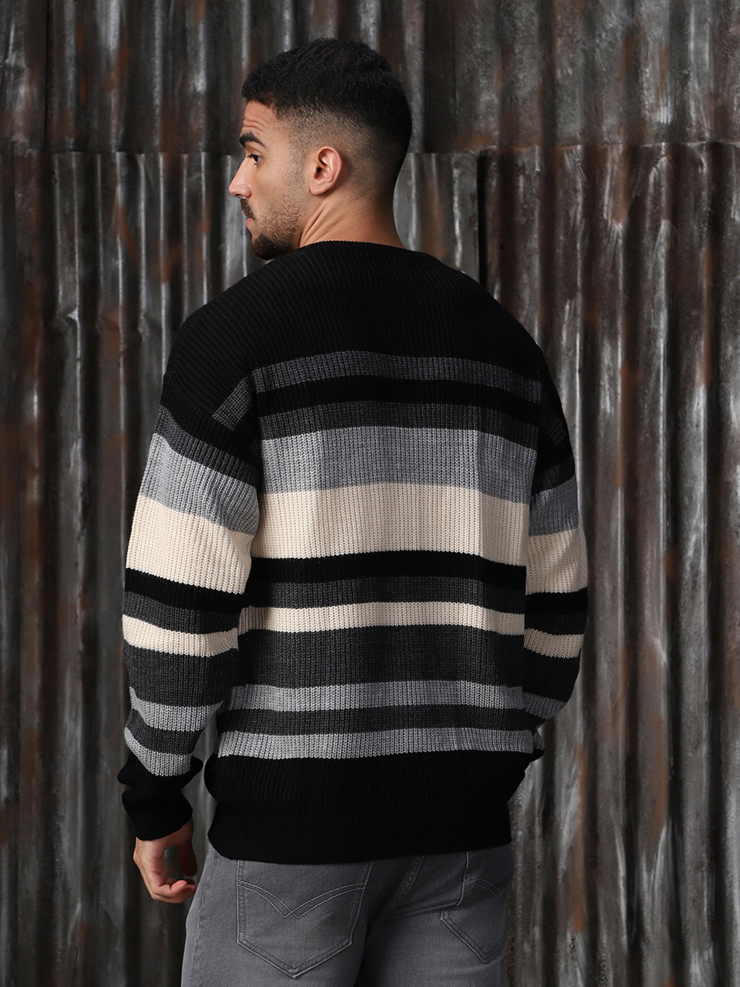 High Star Men Striped High neck stractured Relaxed fit Pullover