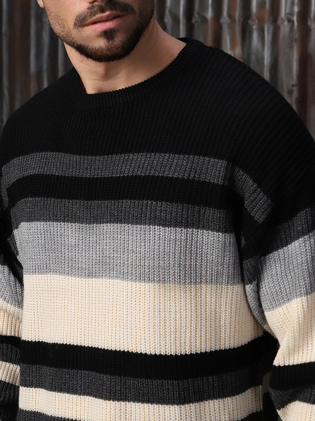 High Star Men Striped High neck stractured Relaxed fit Pullover