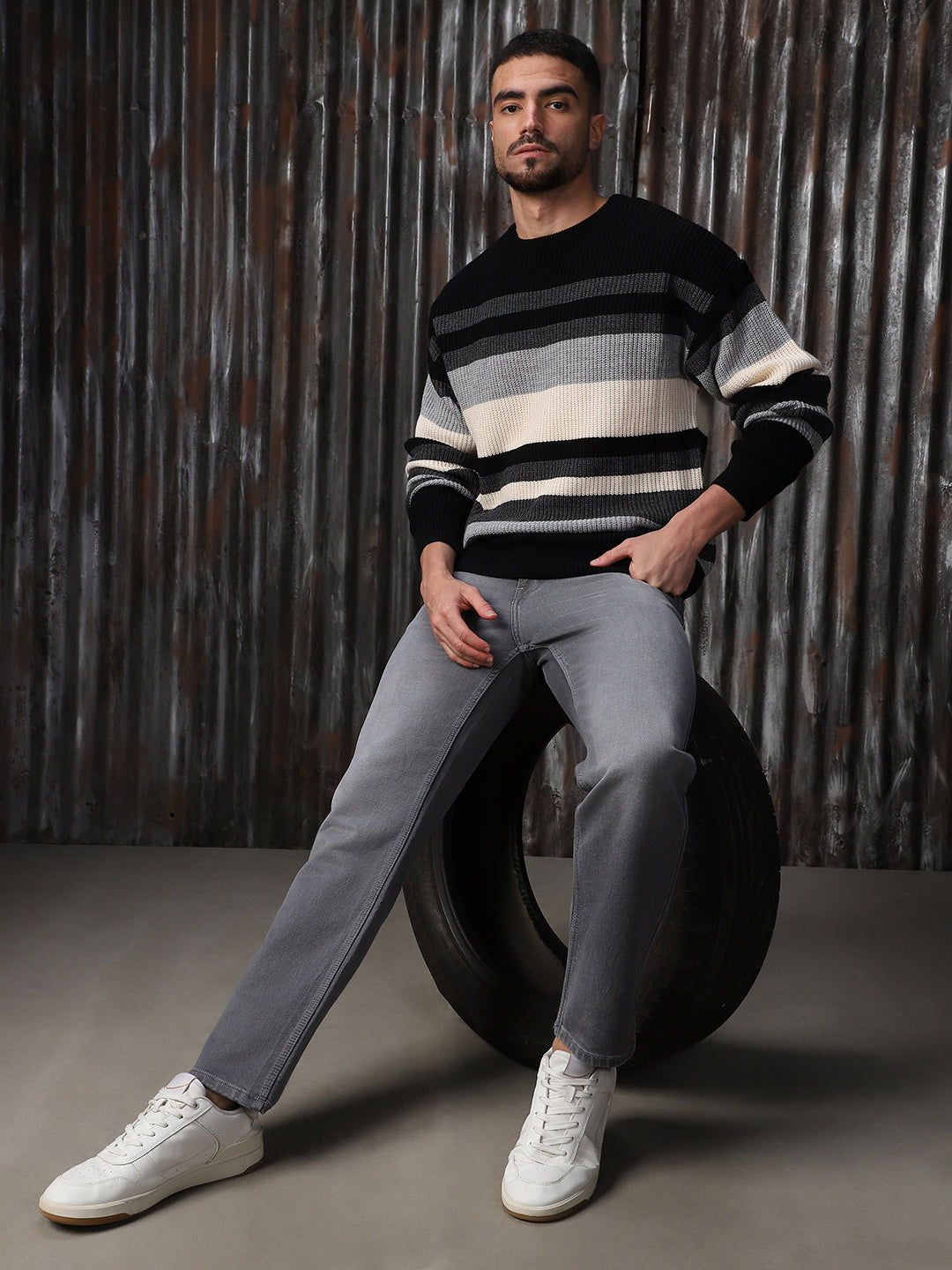 High Star Men Striped High neck stractured Relaxed fit Pullover